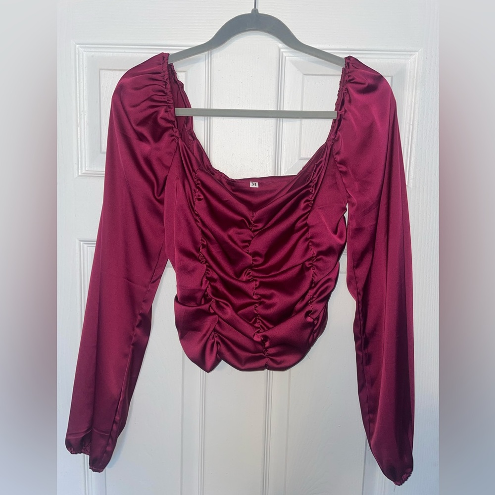 Magenta satin long sleeve crop top